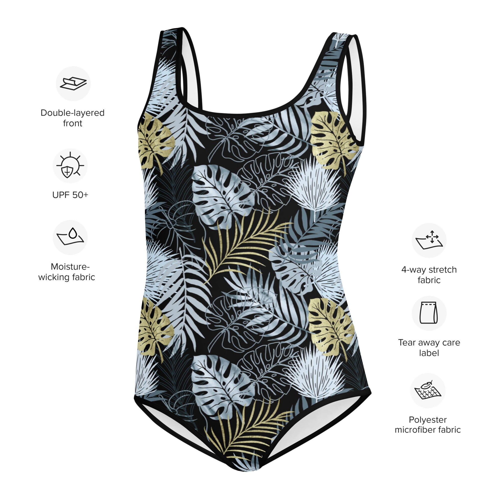 Youth Swimsuit TROPICAL Black and Gold